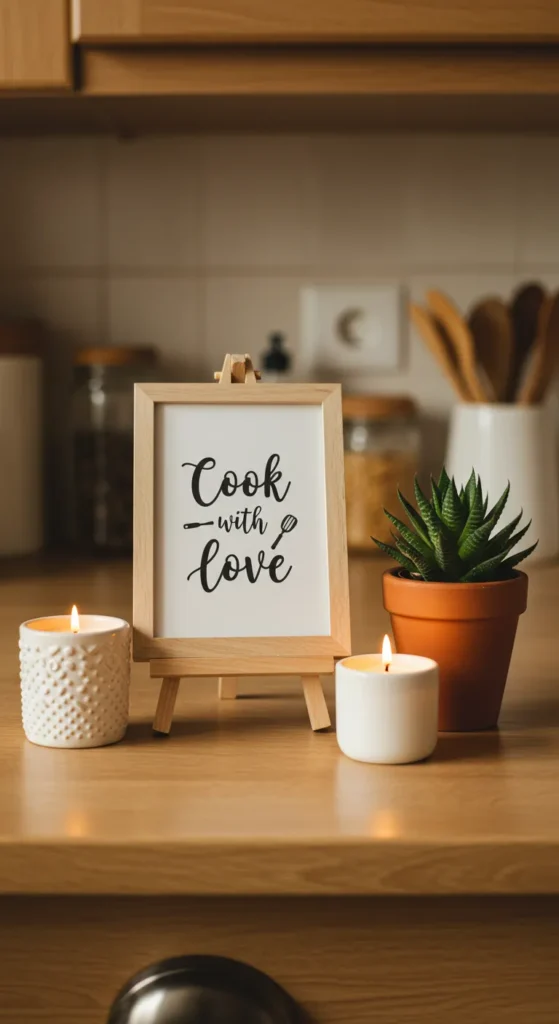 9 Kitchen Counter Decor Ideas That Blend Style & Function Mini easel with kitchen quote art on counter