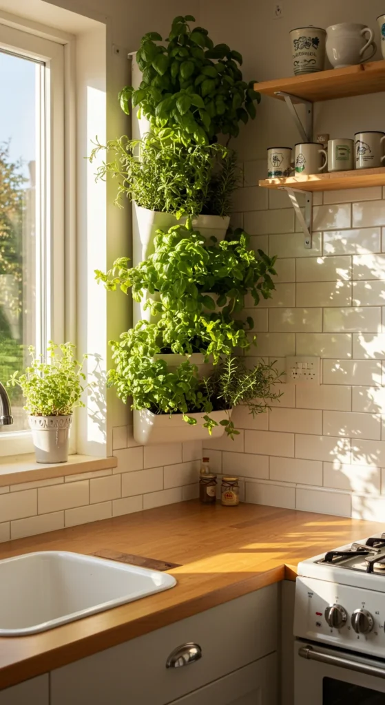 10 Creative Mini Kitchen Ideas for Small Spaces Mini herb garden on kitchen wall with fresh herbs
