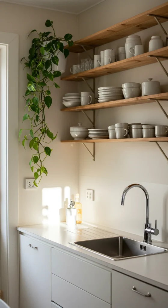 6 Mini Kitchen Design Ideas That Maximize Small Spaces Mini kitchen with open shelves displaying dishes and plants