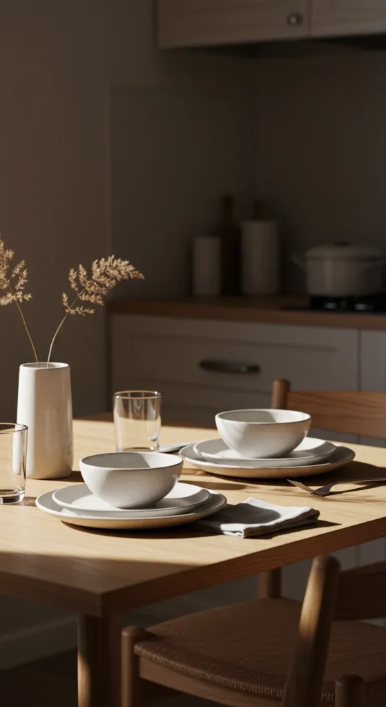 8 Minimalist Kitchen Organization Ideas For A Chic Space Minimal dining setup with neutral plates and simple decor