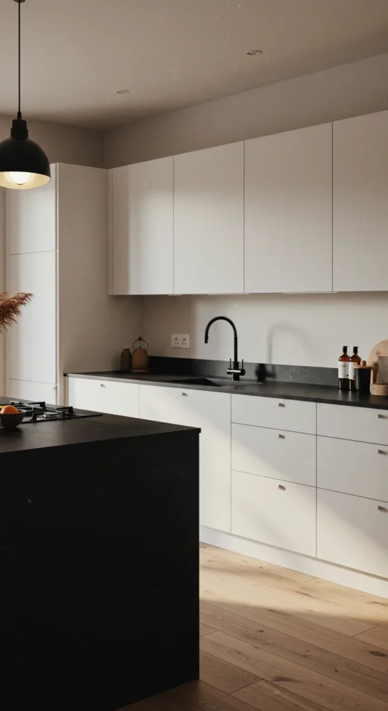 6 Innovative L-Shaped Kitchens with Island Concepts Minimalist L-shaped kitchen with black island and white cabinets