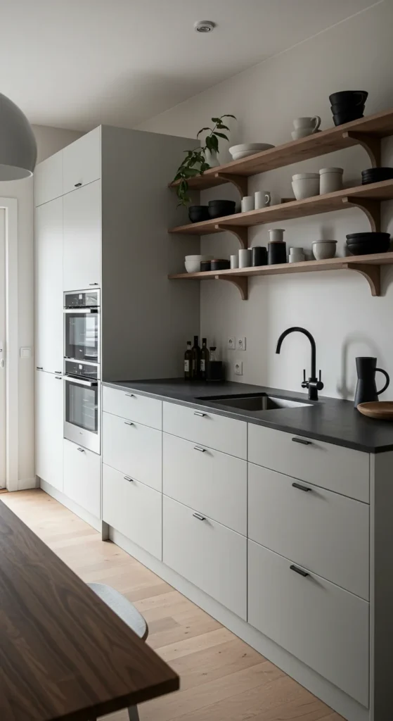 6 Inspirational Scandinavian Kitchen Design Trends Minimalist Scandinavian kitchen with hidden storage and open shelving