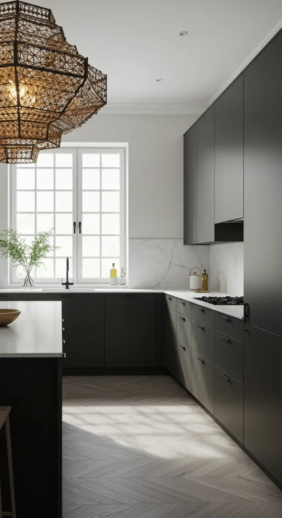 Minimalist dark kitchen with clean lines and flat-panel cabinets