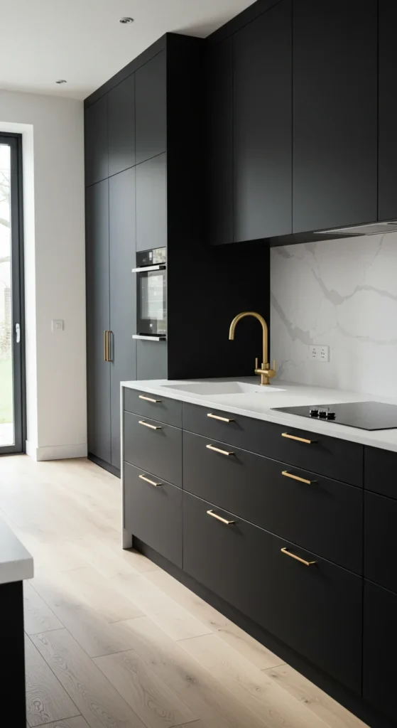 7 Bold Black Kitchen Cabinets to Elevate Your Space Minimalist kitchen with flat black cabinets and brass accents
