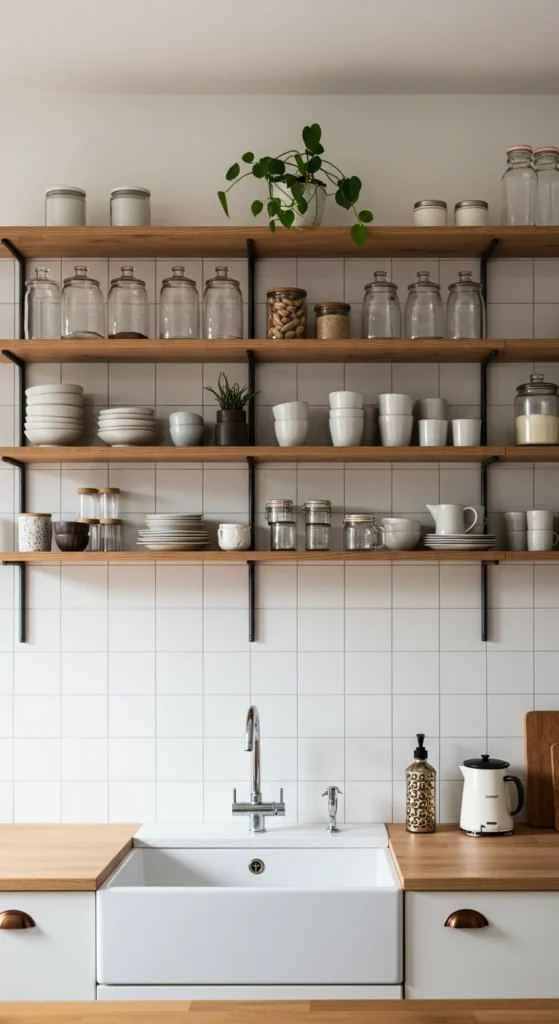 6 Simple Kitchen Design Ideas You'll Love at First Sight Minimalist kitchen with open wood shelving and dishware display