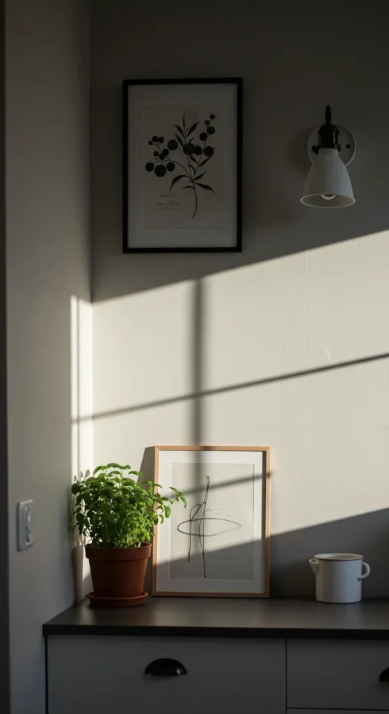 8 Minimalist Kitchen Organization Ideas For A Chic Space Minimalist kitchen with plant, cookbook, and artwork