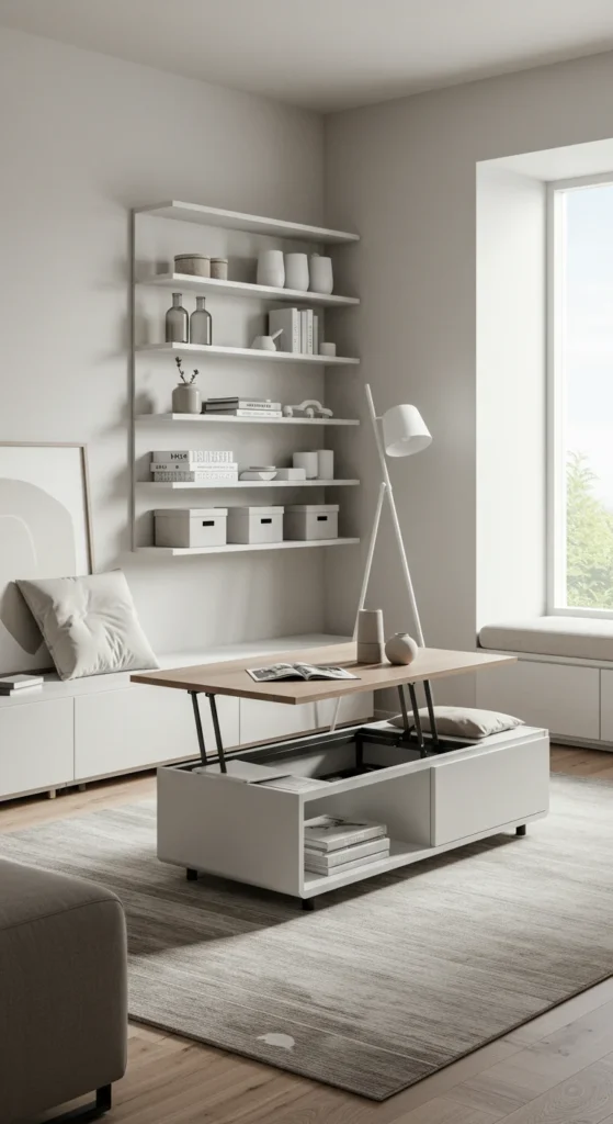 6 Minimalist Living Room Ideas for Timeless Style Minimalist living room with open shelves and hidden storage