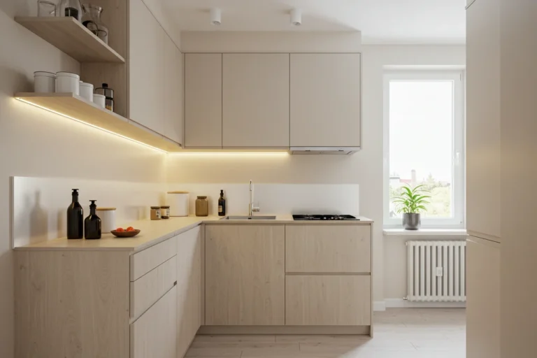 Minimalist small kitchen with sleek design and hidden storage