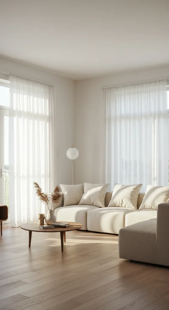 6 Minimalist Living Room Ideas for Timeless Style Minimalist space filled with natural light and sheer curtains