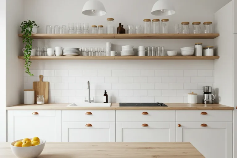 Minimalist white kitchen with open shelves and neat decor