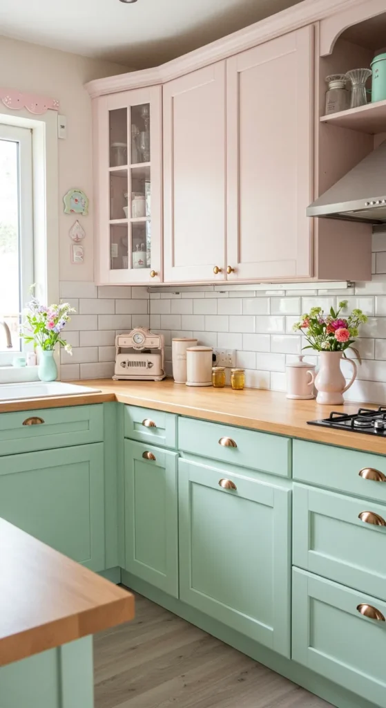 6 Trending Kitchen Cabinet Color ideas for Modern Homes Mint and blush pastel kitchen cabinets with bright decor
