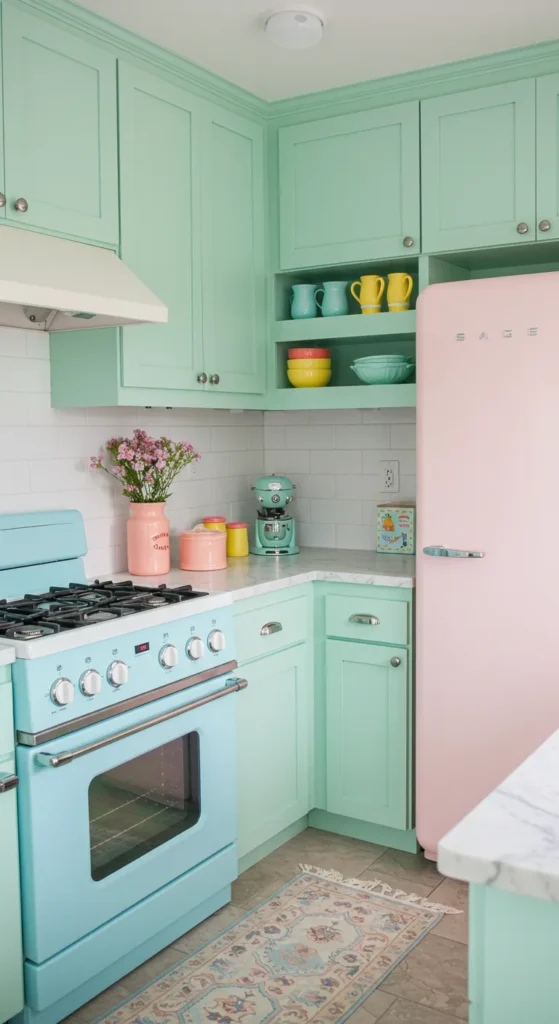 7 Green Kitchen Cabinet Ideas You’ll Want to Copy Mint green kitchen with retro accents and pastel colors