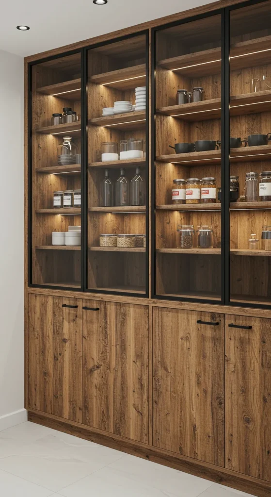10 Kitchen Pantry Designs for a Clutter-Free Kitchen Mixed material pantry with glass doors and wood shelves