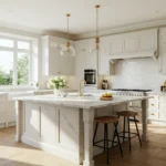 Modern Bloxburg kitchen with white cabinets and marble island