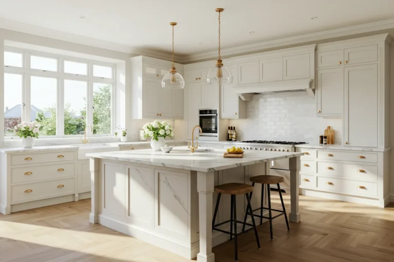 Modern Bloxburg kitchen with white cabinets and marble island