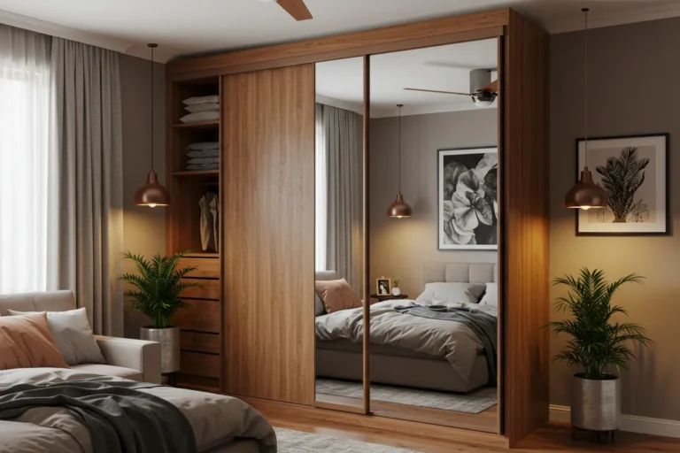 Modern Indian bedroom with mirrored sliding wardrobe