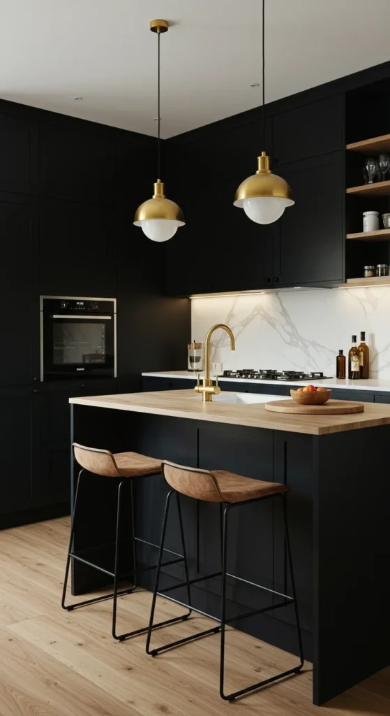 Modern all-black kitchen with marble and gold accents