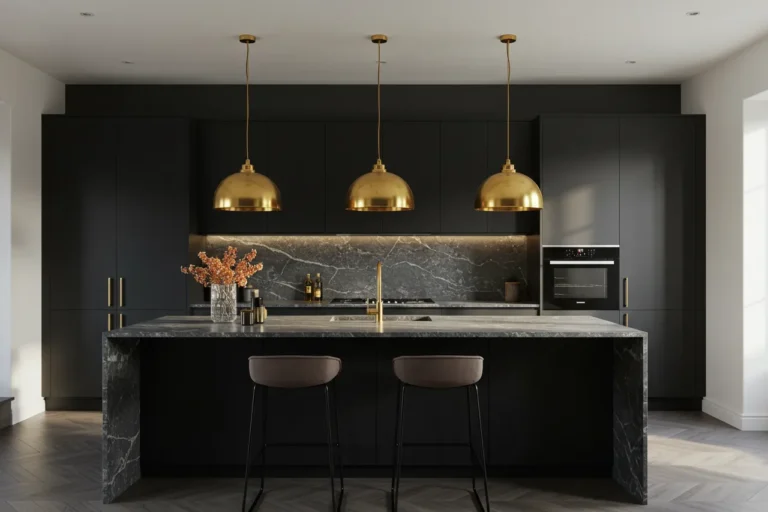 Modern black kitchen with matte cabinets and marble island