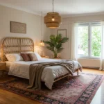 Modern boho bedroom with rattan furniture, plants, and soft textures