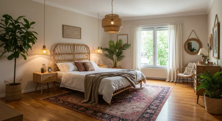Modern boho bedroom with rattan furniture, plants, and soft textures