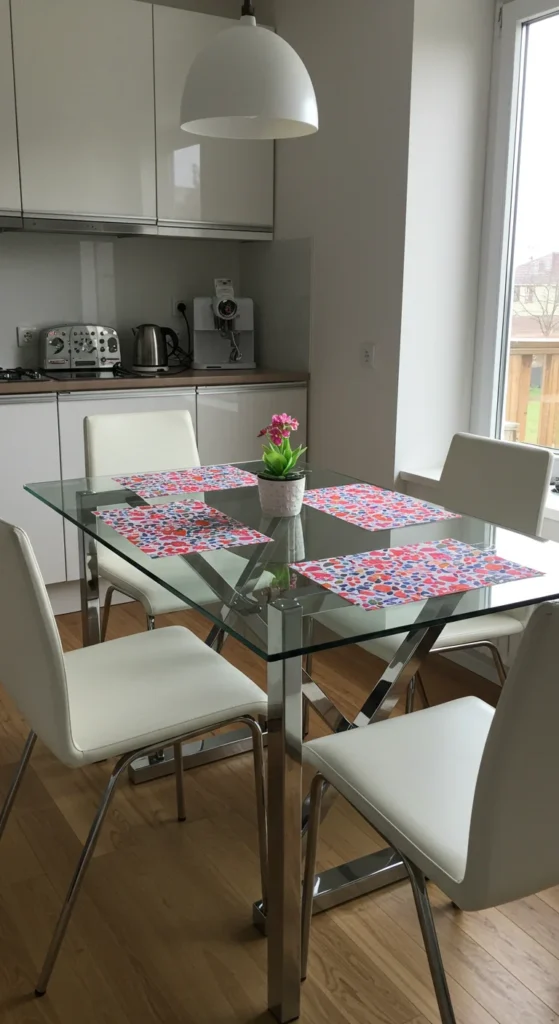 7 Beautiful Kitchen Table Ideas to Upgrade Your Dining Area Modern glass kitchen table with white chairs in airy space