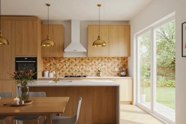 Modern kitchen blending natural, minimalist, and bold styles