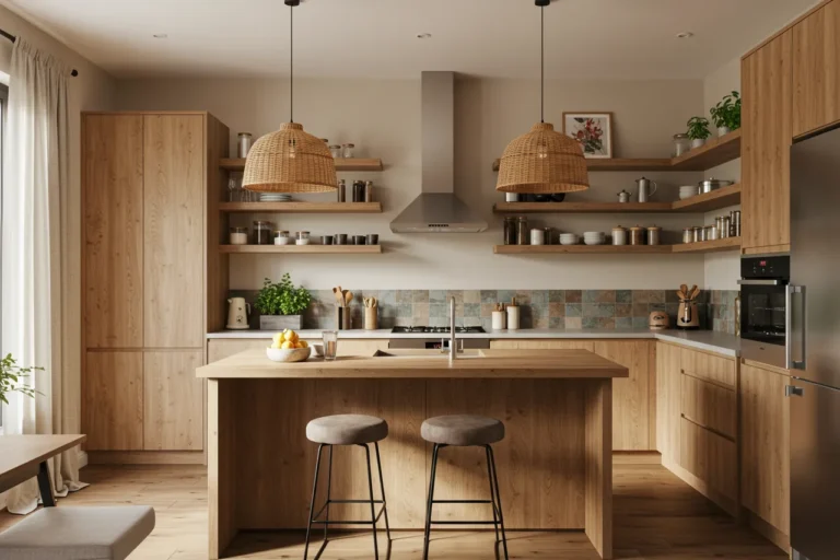 Modern kitchen combining open shelves, island, tech, and greenery