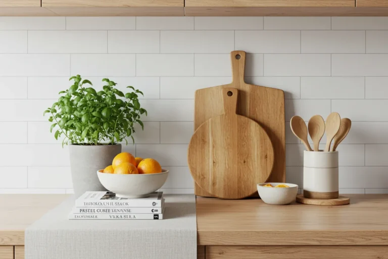 Modern kitchen counter with herbs, books, and decor items