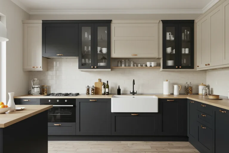Modern kitchen showcasing multiple cabinet design styles in one cohesive layout