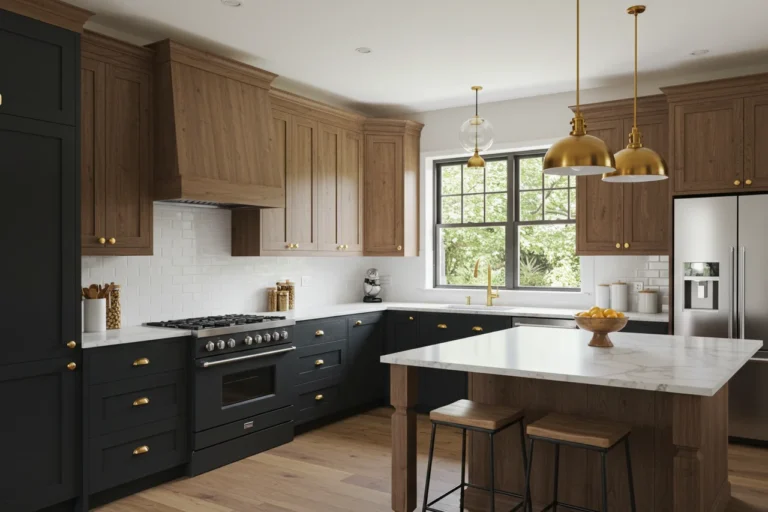 Modern kitchen showcasing various black cabinet styles in one design