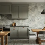 Modern kitchen showing a mix of tile trends including vintage, large format, and bold styles.