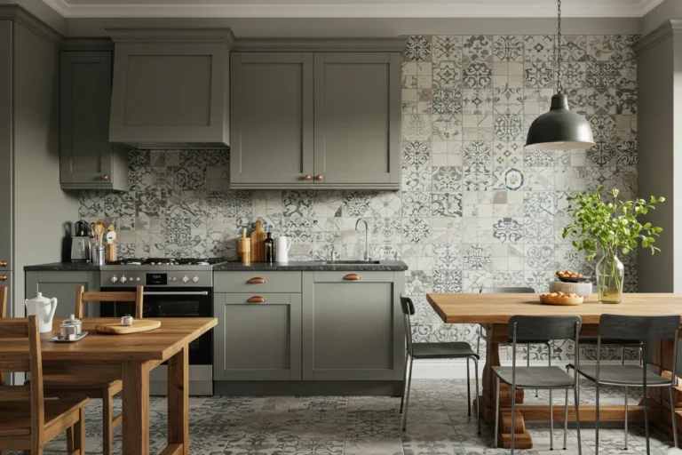 Modern kitchen showing a mix of tile trends including vintage, large format, and bold styles.