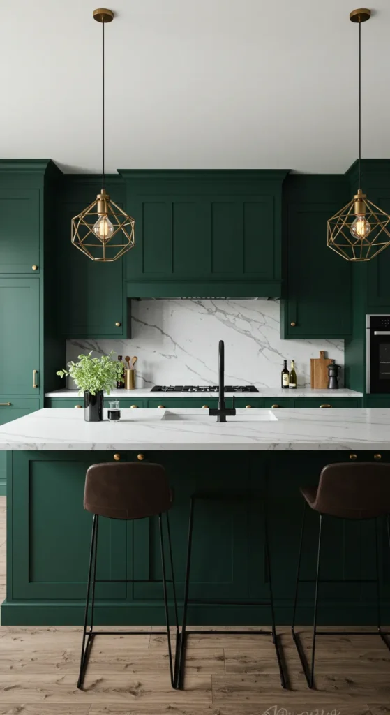 7 Green Kitchen Cabinet Ideas You’ll Want to Copy Modern kitchen with dark emerald cabinets and marble