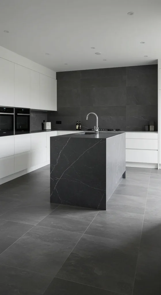 7 Trendy Kitchen Tile Ideas for a Stylish Update Modern kitchen with large format gray tiles and clean design