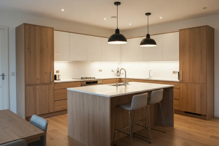 Modern kitchen with layered lighting combining ceiling, pendant, and under-cabinet lights