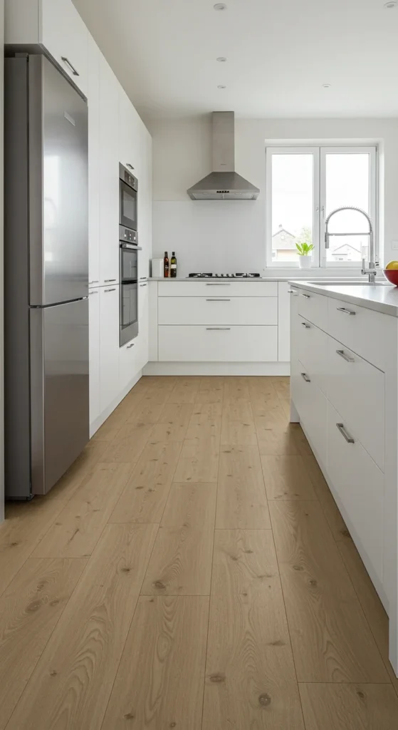 7 Classic Kitchen Flooring Ideas That Never Go Out of Style Modern kitchen with light wood-look laminate flooring and white cabinets