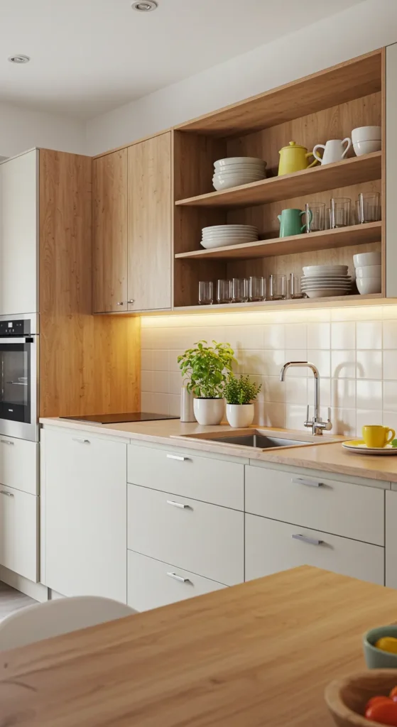 6 Best Cost-Effective Modular Kitchen Design Ideas Modern kitchen with open wooden shelving and colorful dishes