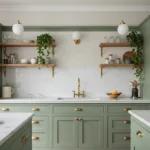 Modern kitchen with sage green cabinets and natural accents