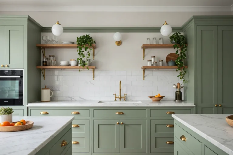 Modern kitchen with sage green cabinets and natural accents