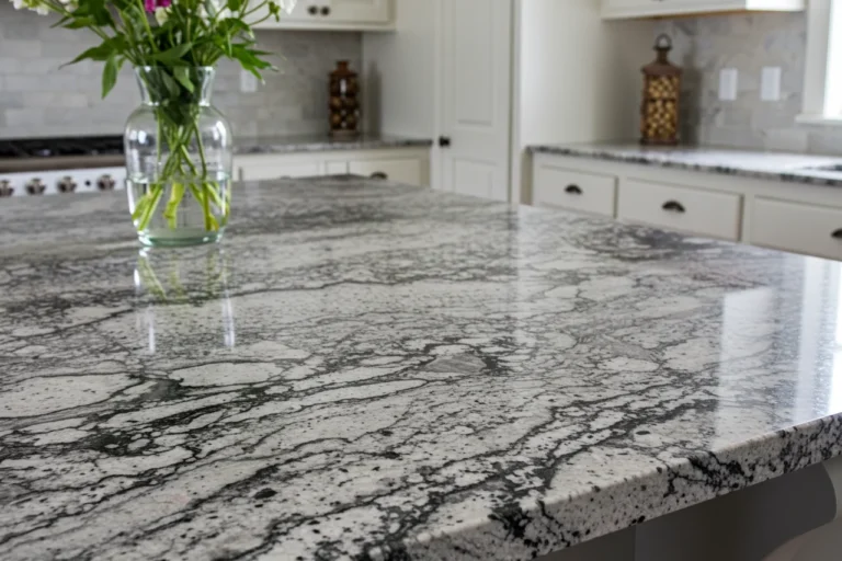 Modern kitchen with six types of countertops labeled for comparison
