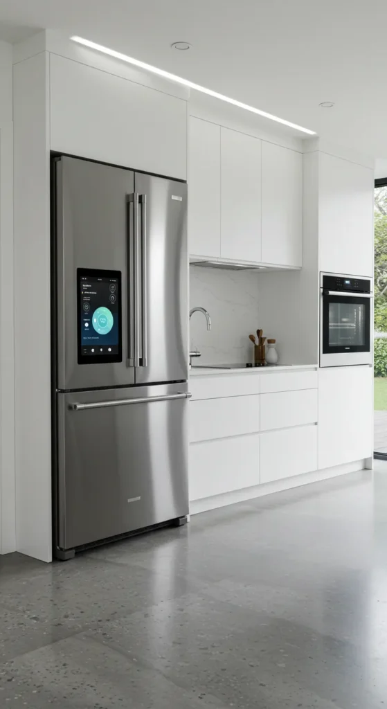 Modern kitchen with smart fridge and smart oven
