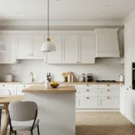 Modern kitchen with white cabinets, wood accents, and open layout
