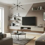 Modern living room with a stylish central TV wall and decor