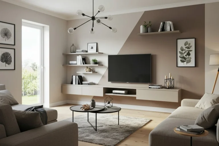Modern living room with a stylish central TV wall and decor