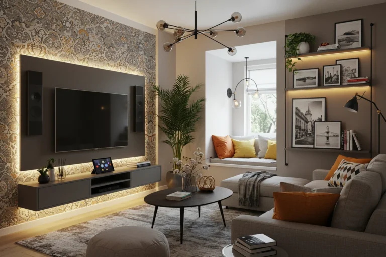 Modern living room with mixed decor styles and cozy elements