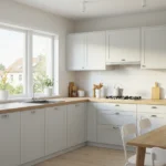 Modern minimalist kitchen with open design and natural lighting