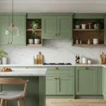 Modern sage green kitchen with wood accents and open shelves
