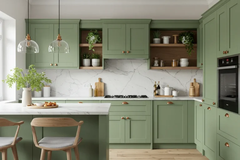 Modern sage green kitchen with wood accents and open shelves