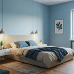Modern tranquil bedroom with soft lighting and calming colors