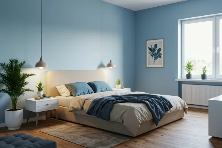 Modern tranquil bedroom with soft lighting and calming colors